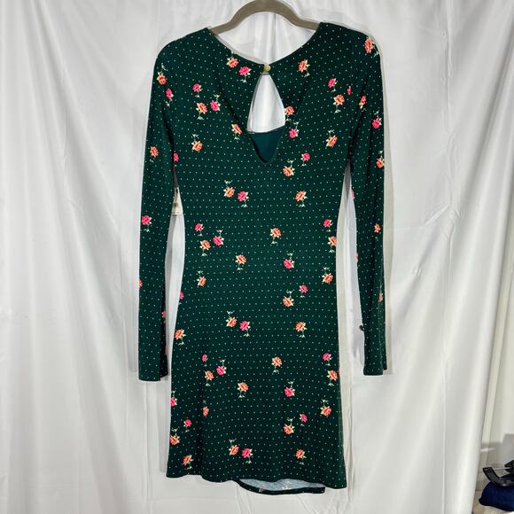 NWT Free People “Celia” Mini Dress green Dot & Floral Print,Bell Sleeves, XS - Picture 3 of 6
